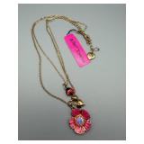Betsey Johnson Pink Flower Pendant Necklace - Double Gold-Tone Chains