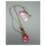 Betsey Johnson Pink Flower Pendant Necklace - Double Gold-Tone Chains