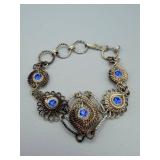 Bracelet - Silver-Tone with Blue Crystal Accents & Filigree Links