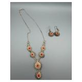 Silver-Tone Filigree Red Stone Necklace & Earrings Set