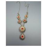 Silver-Tone Filigree Red Stone Necklace & Earrings Set