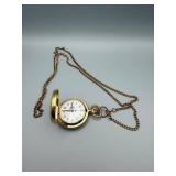 Vintage Gold Tone Pocket Watch with Chain - Floral Dial, Open Face