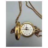 Vintage Gold Tone Pocket Watch with Chain - Floral Dial, Open Face