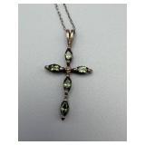 Cross Pendant Necklace - Green Marquise-Cut Stones, 18-Inch Chain