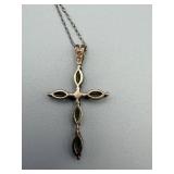 Cross Pendant Necklace - Green Marquise-Cut Stones, 18-Inch Chain