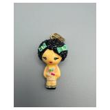 Gwen Stefani Girl Charm Pendant - Black Curly Hair, Green Bows, Gold Bail