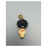 Gwen Stefani Girl Charm Pendant - Black Curly Hair, Green Bows, Gold Bail