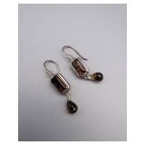 Smoky Quartz Drop Earrings - Silver-Tone with Rectangular Center Stones & Teardrop Beads