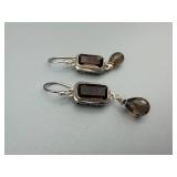 Smoky Quartz Drop Earrings - Silver-Tone with Rectangular Center Stones & Teardrop Beads
