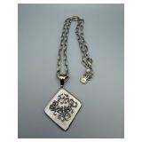 Square Mother-of-Pearl Pendant Necklace with Filigree Floral Design on Silver-Tone Chain