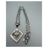 Square Mother-of-Pearl Pendant Necklace with Filigree Floral Design on Silver-Tone Chain