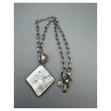 Square Mother-of-Pearl Pendant Necklace with Filigree Floral Design on Silver-Tone Chain