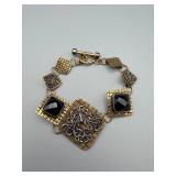 Gold-Tone Bracelet with Black Cabochon Squares & Silver Filigree Center