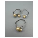 Crown Jewel Pearl Ring Set (Lot of 3) - Silver Tone with Cream Pearls & Crystals