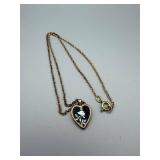 Gold-Tone Heart Pendant Necklace with Black Enamel Floral Inlay