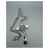 Silver Tone Crucifix Necklace with Jesus Figure and Medallion Pendant