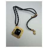 Gold-Tone Square Pendant Necklace With Black Faceted Stone On Braided Cord
