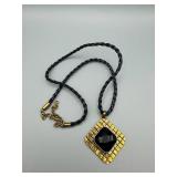 Gold-Tone Square Pendant Necklace With Black Faceted Stone On Braided Cord