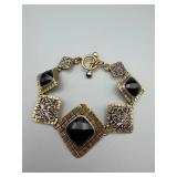 Gold-Tone Square-Link Bracelet With Black Onyx Cabochons - Vintage Statement Jewelry