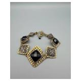 Gold-Tone Square-Link Bracelet With Black Onyx Cabochons - Vintage Statement Jewelry