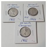 1900 - 1944  Silver 25 Cent Canadian - 3 Coins