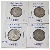 1950 - 1955 Silver 25 Cent Canadian - 4 Coins