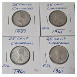 1957- 1968 Silver 25 Cent Canadian - 4 Coins