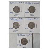5 - 1942 Silver Jefferson Nickels - War Nickels
