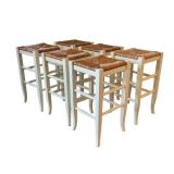 K - Six White Wood Bar Stools with Rush Seating