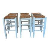 K - Six White Wood Bar Stools with Rush Seating