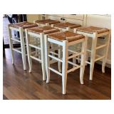 K - Six White Wood Bar Stools with Rush Seating