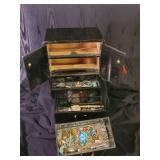 Fantstic Asian Handpainted Jewelry Cabinet w/ Lots of Costume Jewelry