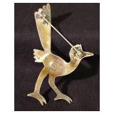 Large Navajo Sterling Silver Road Runner Brooch