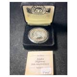1 TROY OZ .999 FINE SILVER ALASKA HIGHWAY 50TH ANNIVERSARY ROUND IN BOX