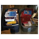 2 Totes Full of Religious and Inspirational Books including "The Mind of God" and "Holy Bible"