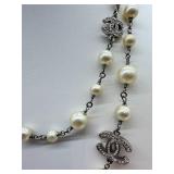 Vintage Chanel Necklace 40in Glass Pearl & Crystal Logo