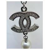 Vintage Chanel Necklace 40in Glass Pearl & Crystal Logo