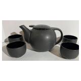 Pier 1 Imports Teapot & 4 Cups Matte Black Ceramic Tea Set - Made in Japan