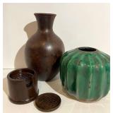 Room & Board Brown Metal Vase & Green Distressed Vase with Asian Coasters in Holder