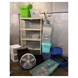 Beige 4-Shelf Storage Rack - Plastic Totes & Lidded Boxes with Floor Fan & Tote filled with Gift Wrapping Supplies