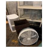 Beige 4-Shelf Storage Rack - Plastic Totes & Lidded Boxes with Floor Fan & Tote filled with Gift Wrapping Supplies