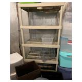 Beige 4-Shelf Storage Rack - Plastic Totes & Lidded Boxes with Floor Fan & Tote filled with Gift Wrapping Supplies