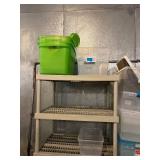 Beige 4-Shelf Storage Rack - Plastic Totes & Lidded Boxes with Floor Fan & Tote filled with Gift Wrapping Supplies