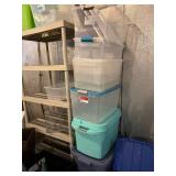Beige 4-Shelf Storage Rack - Plastic Totes & Lidded Boxes with Floor Fan & Tote filled with Gift Wrapping Supplies