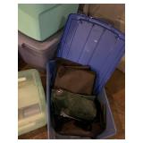 Beige 4-Shelf Storage Rack - Plastic Totes & Lidded Boxes with Floor Fan & Tote filled with Gift Wrapping Supplies