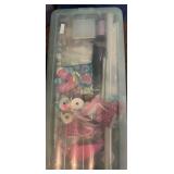 Beige 4-Shelf Storage Rack - Plastic Totes & Lidded Boxes with Floor Fan & Tote filled with Gift Wrapping Supplies