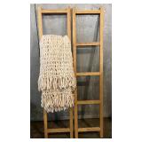 Chunky Knit Throw Blanket - Cream Color & Fringe with 2 Wooden Ladders