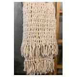 Chunky Knit Throw Blanket - Cream Color & Fringe with 2 Wooden Ladders