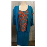 St. John by Marie Gray Teal Suit with Abstract Top & Orange Knit Sweater - Made in USA - Size 8