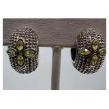 Clip-On Earrings - Silver-Tone with Green Gem Clover Motif (Pair)